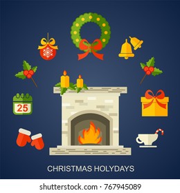 Vector Merry Christmas holydays illustration, flat style. Christmas background with fireplace, candles, bells, gifts and candy.