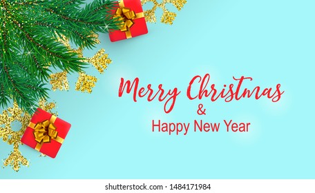 Vector Merry Christmas horizontal banner with pine branch, glitter, snowflakes, gift boxes. Happy New Year card with realistic fir branch on blue background for header, poster, web site, social media.