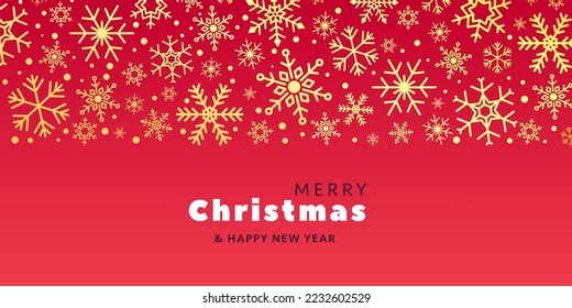 Vector Merry Christmas horizontal up border design greeting card template design. Cartoon line art various gold snowflake shapes decoration element poster, banner. 