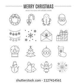 Vector Merry Christmas icon set in trendy linear style. Santa Claus, angel, gingerbread man, snowflakes, etc. Editable stroke