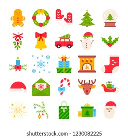 Vector Merry Christmas icon set in flat design style. Santa Claus, angel, deer, snowflakes, etc. Isolated design elements
