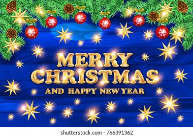 Vector Merry Christmas Illustration with 3d Typography Design and Holiday Light Garland on Shiny Blue Background. Happy New Year Design. art