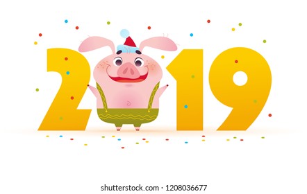 Vector Merry Christmas illustration with cute smiling little pig character in Santa hat standing at big 2019 numbers isolated on white background. Symbol of New year & Xmas holiday. Flat cartoon style