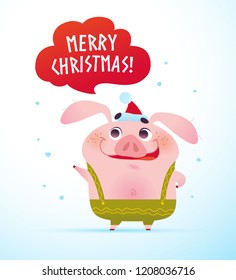 Vector Merry Christmas illustration with cute smiling little pig character in Santa hat & speech bubble with xmas congratulation isolated. Symbol of New year & Xmas holidays. Flat cartoon style.