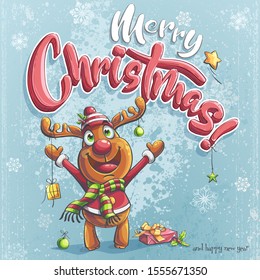 Vector merry christmas illustration with Christmas deer, gift box. Bright image to create original video or web games, graphic design, screen savers.