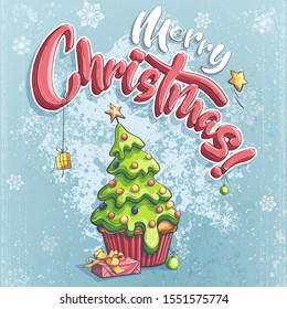 Vector merry christmas illustration with a gift under the tree. Bright image to create original video or web games, graphic design, screen savers.