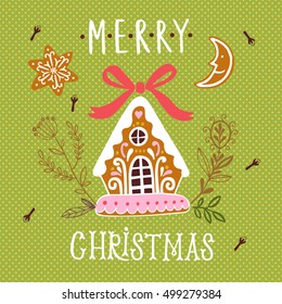 Vector Merry Christmas illustration with gingerbread house on green background