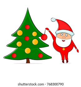 Vector merry christmas illustration with happy santa and decorating new year fir tree. Isolated on white background.