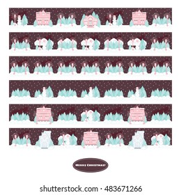 Vector merry Christmas illustration. Package, packing, paper print. Flat winter cartoon houses. Winter landscape, star sky, snow, snowman, pine trees, street lamp flat element for design