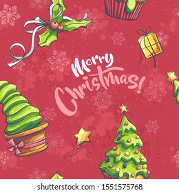 Vektorfreundliche Weihnachtsgrafik nahtlos mit Weihnachtsbäumen, Geschenk, Stern. Helles Bild zum Erstellen von Original-Video- oder Webspielen, Grafikdesign, Bildschirmschoner.
