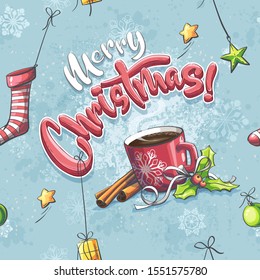 Vector merry christmas illustration seamless with a cup of coffee, sock, gift, star, ball. Bright image to create original video or web games, graphic design, screen savers.