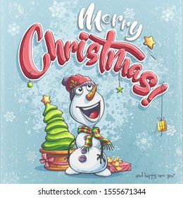 Vector merry christmas illustration with snowman, christmas tree and gift box. Bright image to create original video or web games, graphic design, screen savers.