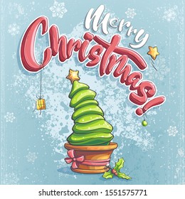Vector merry christmas illustration with a Christmas trees, gift, star. Bright image to create original video or web games, graphic design, screen savers.