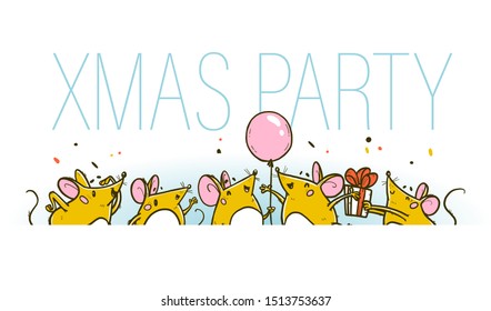 Vector Merry Christmas illustration. Xmas party concept with hand drawn funny mice character celebrating happy on white background. For xmas card, print, gift decor, sticker, congratulation packaging.