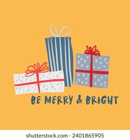 Vector Merry Christmas interior poster with gift boxes and lettering. Hand painted illustration with boxes and text on yellow background. For design and decoration.