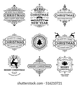 Vector Merry Christmas Label. Vintage Xmas Illustration.