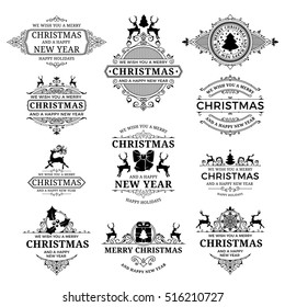 Vector merry christmas label. Vintage xmas illustration.