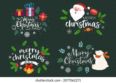 Vector Merry Christmas Labels and Badges with calligraphy ornate ornament. Decorative divider and lettering. Modern badges with giftbox, santa claus, bell, bear and leave