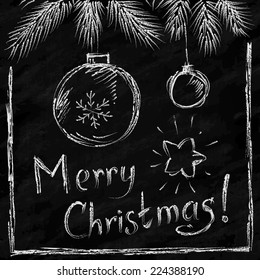 Vector Merry Christmas lettering and balls in naive chalkboard style