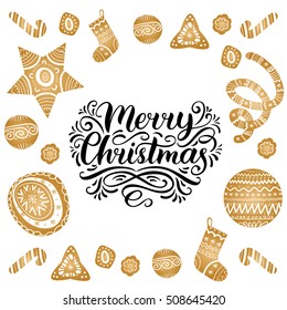 Vector Merry Christmas lettering with festive gold New Year's elements. Xmas greeting card. Ornate christmassy pattern. Happy Holidays postcard, poster or banner.
