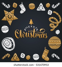 Vector Merry Christmas lettering with festive New Year's elements. Happy Holidays typography for greeting card template or poster concept.
