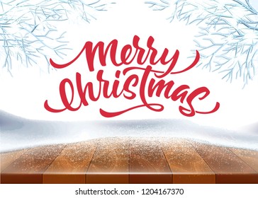 Vector merry christmas lettering inscription at background with wooden table covered with ice, snow with winter frozen, icy forest trees background. Winter atmosphere for greeting card, sales poster