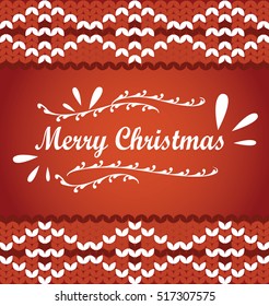 Vector Merry Christmas lettering on a knit sweater ornamend. Red White Merry Christmas