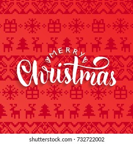 Vector Merry Christmas lettering on knitted pattern background. Nativity typography. Happy Holidays greeting card, poster template.