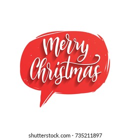 Vector Merry Christmas lettering in speech bubble. Nativity typography. Happy Holidays greeting card, poster template.