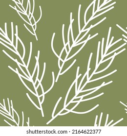 Vektorgrafik. Frohe Weihnachten, Neues Jahr nahtlos Muster. Design-Vorlage für typografische Produkte. Winterhintergrund für Verpackungspapier, Grußkarten, Textilien, Branding. Einfach handgezeichneter Fichtenzweig.