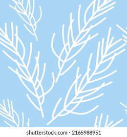 Vector. Merry Christmas, New Year seamless pattern. Design template for typographic products. Winter background for wrapping paper, greeting cards, textiles, branding. Simple hand drawn spruce branch.