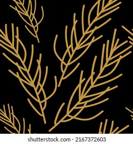 Vektorgrafik. Frohe Weihnachten, Neues Jahr nahtlos Muster. Design-Vorlage für typografische Produkte. Winterhintergrund für Verpackungspapier, Grußkarten, Textilien, Branding. Einfach handgezeichneter Fichtenzweig.