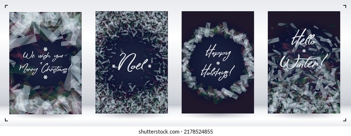 Vector Merry Christmas and New Year Card Collection with Magical Bokeh Lights Sparkle Confetti. Shiny Glitter Christmas Party Print Collection. Winter Sparkle Snowfall Design for Holiday's  Layout.
