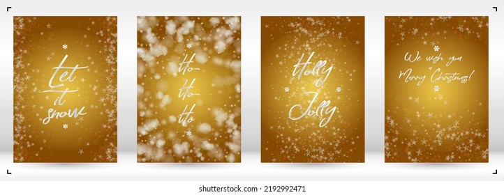 Recogida de tarjetas Vector Feliz Navidad y Año Nuevo con mágicas luces de Bokeh esparcen confetti. Colección de impresión de la fiesta navideña brillante. El diseño de la nevada de invierno para la postal de vacaciones.