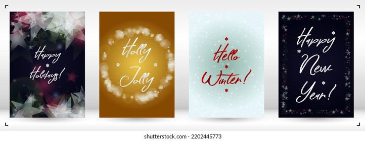 Vector Merry Christmas and New Year Card Collection with Magical Bokeh Lights Sparkle Confetti. Shiny Glitter Christmas Party Print Collection. Winter Sparkle Snowfall Design for Holiday's  Brochure.