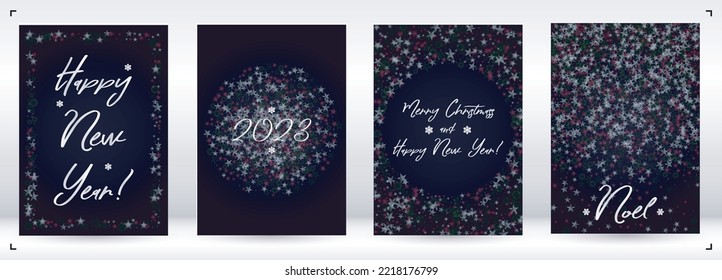 Vector Merry Christmas and New Year Card Collection with Magical Bokeh Lights Sparkle Confetti. Shiny Glitter Christmas Party Print Collection. Winter Sparkle Snowfall Design for Holiday's  Banner.