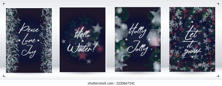 Vector Merry Christmas and New Year Card Collection with Magical Bokeh Lights Sparkle Confetti. Shiny Glitter Christmas Party Print Collection. Winter Sparkle Snowfall Design for Holiday's  Banner.