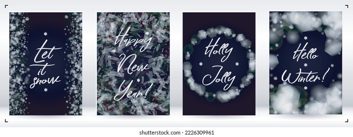 Vector Merry Christmas and New Year Card Collection with Magical Bokeh Lights Sparkle Confetti. Shiny Glitter Christmas Party Print Collection. Winter Sparkle Snowfall Design for Holiday's  Poster.