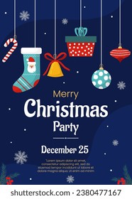 Cartel de vectores alegres de Navidad y Año Nuevo, plantilla de tarjeta de saludo. Invitación a la fiesta de Navidad. Árbol de Navidad, bolas, caja de regalo con fondo azul oscuro. Fondo, volante para el evento de vacaciones