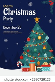 Vector merry Christmas and New Year poster, greeting card template. Invitation on Christmas party. Christmas tree, gift boxes on blue dark background. Backdrop, flyer for holiday event