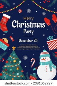 Vector merry Christmas and New Year poster, greeting card template. Invitation on Christmas party. Christmas tree, gift boxes, snowman on blue dark background. Backdrop, flyer for holiday event.