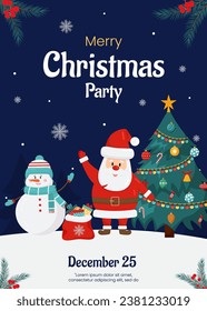 Vector merry Christmas and New Year poster, greeting card template. Invitation on Christmas party. Christmas tree, santa Claus, gift boxes, snowman on blue background. Flyer for holiday event