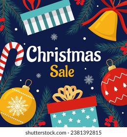 Vector merry Christmas and New Year poster, greeting card template. Invitation on Christmas party. Christmas tree, balls, gift boxes on blue dark background. Backdrop social media for holiday event