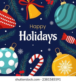 Vector merry Christmas and New Year poster, greeting card template. Invitation on Christmas party. Christmas tree balls, bell, candies on blue dark background. Backdrop social media for holiday event.