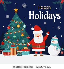 Cartel de vectores alegres de Navidad y Año Nuevo, plantilla de tarjeta de saludo. Invitación a la fiesta de Navidad. Árbol de Navidad, santa Claus, cajas de regalo, muñeco de nieve de fondo azul. Volante para el evento de vacaciones