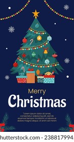 Vector merry Christmas and New Year poster, greeting card template. Invitation on Christmas party. Christmas tree, gift boxes on blue dark background. Backdrop, flyer for holiday event.