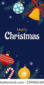 Vector merry Christmas and New Year poster, greeting card template. Invitation on Christmas party. Christmas tree balls, bell, candies on blue dark background. Backdrop social media for holiday event.