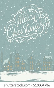 Vector Merry Christmas and New Year card an evening landscape with houses and luminous windows