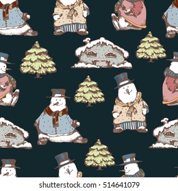 Vector Merry Christmas and New Year seamless pattern with cute snowman's , house and Christmas tree.