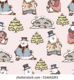 Vector Merry Christmas and New Year seamless pattern with cute snowman's , house and Christmas tree.